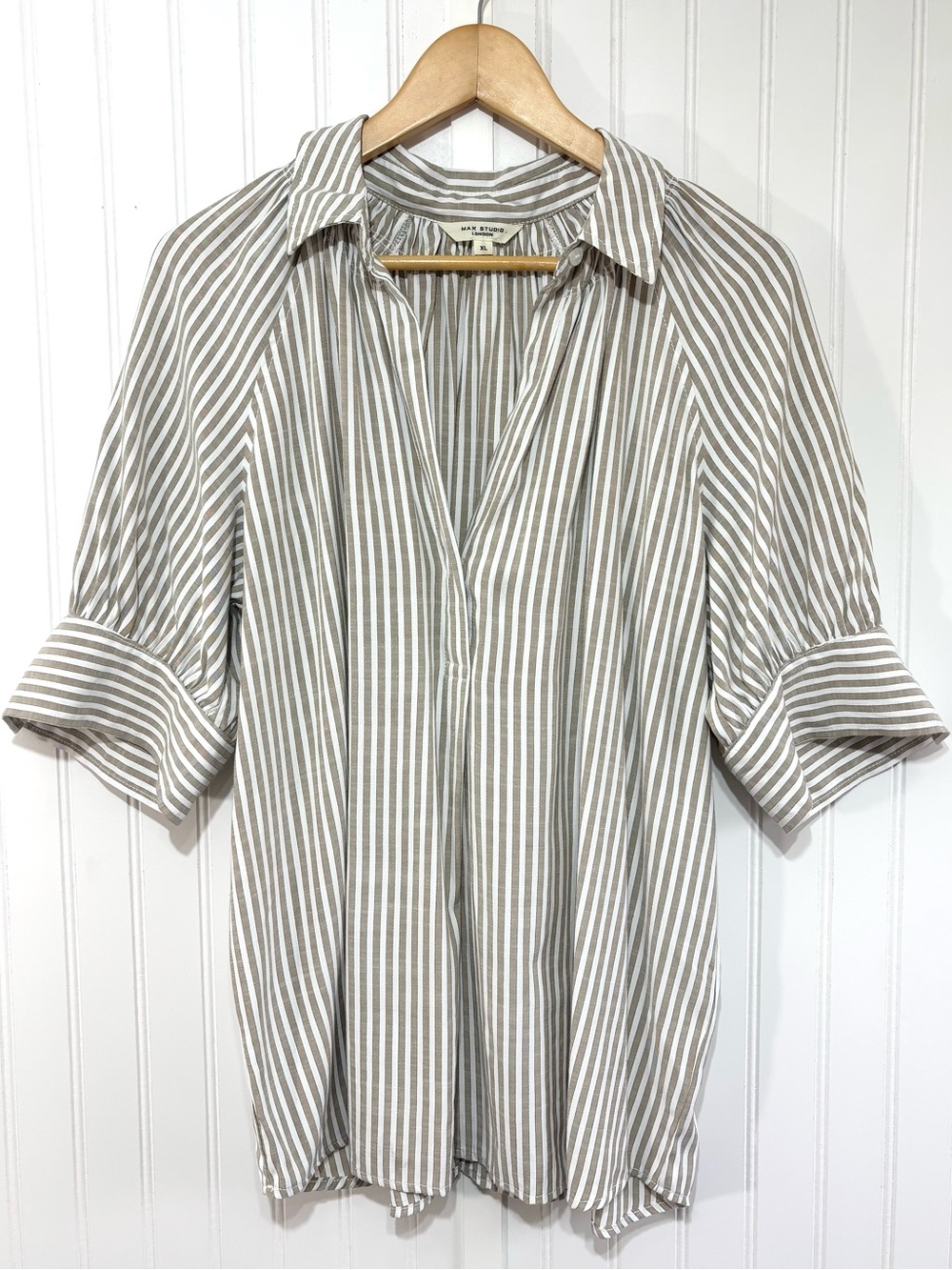 Max Studio London Striped Popover Blouse Top Taupe White Size XL